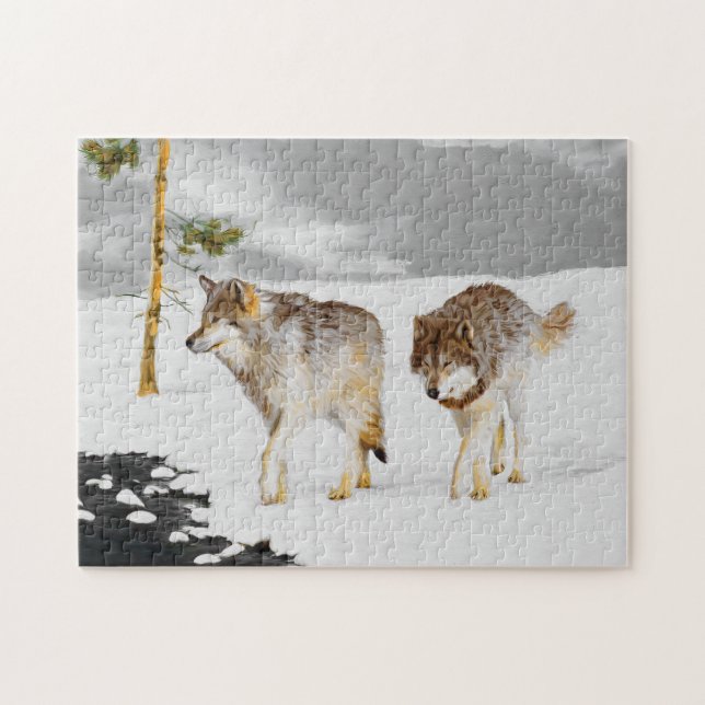 Puzzle Lobos en pintura de nieve - Arte de vida salvaje o (Horizontal)