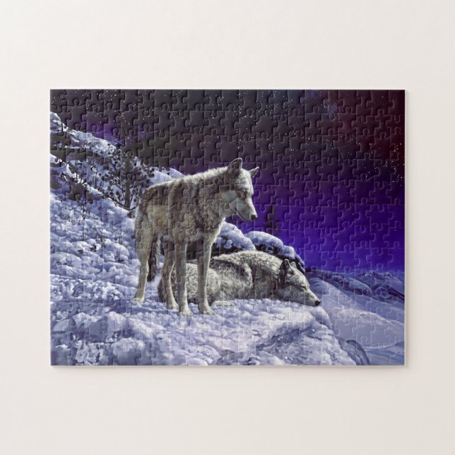 Puzzle Lobos grises en la nieve de invierno de noche (Horizontal)