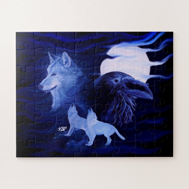 Puzzle Lobos y Raven con luna llena (Horizontal)