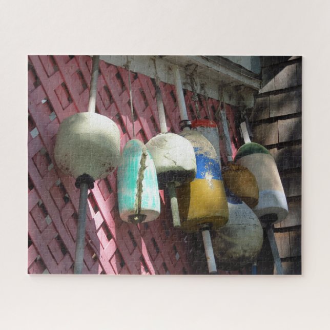 Puzzle Lobster Buoys on Pink Lattice - Martha's Vineyard (Horizontal)
