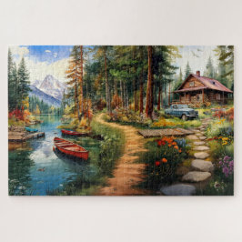 Puzzle Log Cabin in the Woods Watercolor