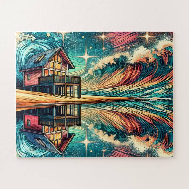 Puzzle Log Cabin on the Beach Ai Art (Horizontal)