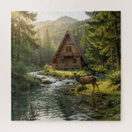 Puzzle Log Cabin, Stream, Mountains and Deer Nature Art
