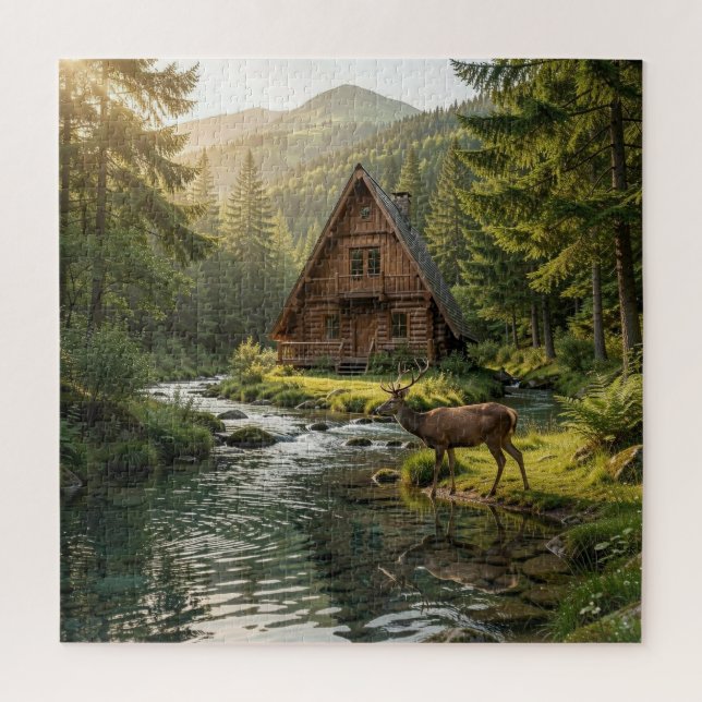 Puzzle Log Cabin, Stream, Mountains and Deer Nature Art (Vertical)
