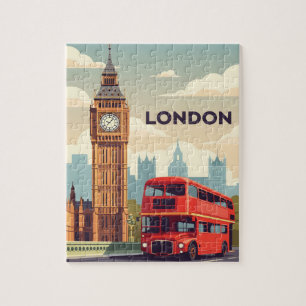 Puzzle Londres vintage con Big Ben y autobús rojo