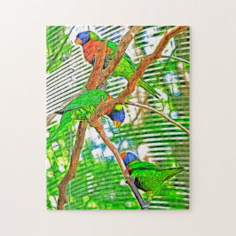 Puzzle Loris de colores en una rama - loros - pintura