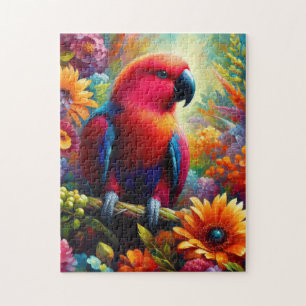 Puzzle Loro de Eclectus con flores coloridas