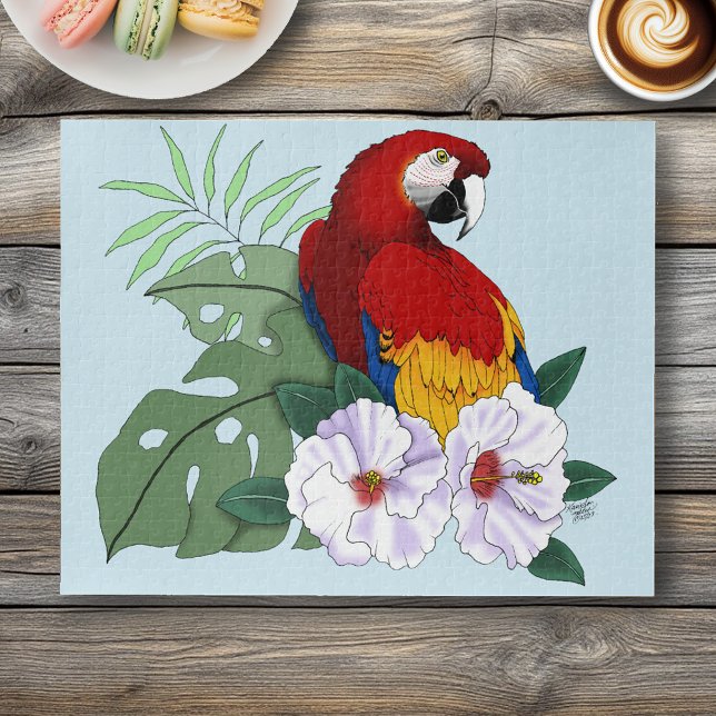 Puzzle Loro Guacamayo Rojo Floral Hibisco Tropical Blanco (Subido por el creador)