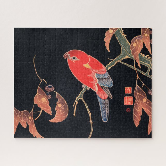 Puzzle Loro Rojo en la rama de un árbol por Ito Jakuchu (Horizontal)
