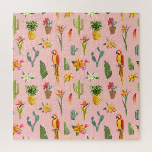 Puzzle Loro Tropical, Patrón Vintage de Cactus.