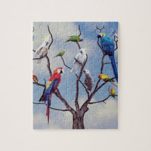 Puzzle Loros exóticos tropicales sentados en el árbol