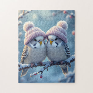 Puzzle Loros lindos con gorros de pompón en una rama