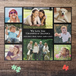 Puzzle Los abuelos aman tu Collage de fotos personalizado<br><div class="desc">Dé a los mejores abuelos del mundo un divertido rompecabezas de rompecabezas de fotos personalizados que valorarán y disfrutarán. Puedes personalizar con ocho fotos familiares de nietos, niños, otros miembros de la familia, mascotas, etc., personalizar la expresión "Te amo" o "Te amamos", y si se les llama "Abuela y Abuelo",...</div>