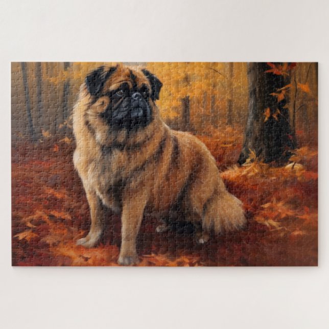 Puzzle Los pekingeses en otoño se inspiran en las hojas (Horizontal)