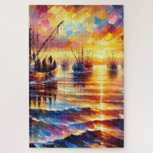 Puzzle Los pescadores recuperan al amanecer.