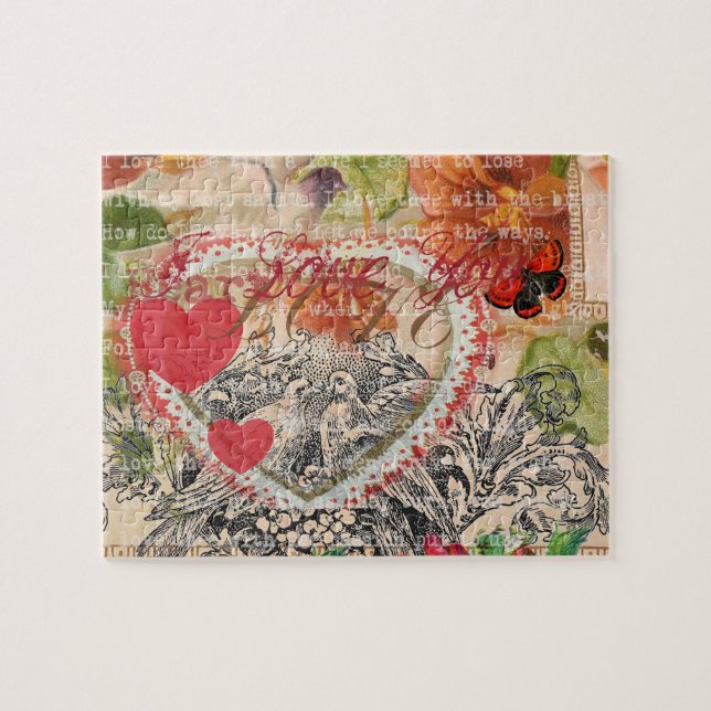 Puzzle Love Birds Heart Red Art Collage (Horizontal)