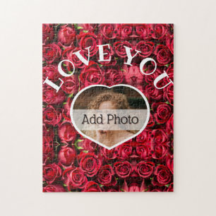 Puzzle Love You Heart Photo Red Roses Modern Script Cute