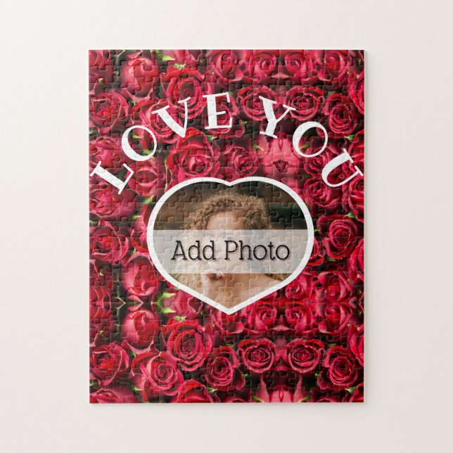 Puzzle Love You Heart Photo Red Roses Modern Script Cute (Vertical)