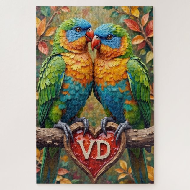 Puzzle Lovebirds Nuzzling on Carved Valentine's Branch (Vertical)