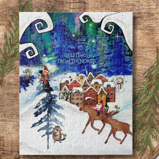 Puzzle Luces boreales caprichosas y pueblo invernal  (Whimsical Boreal Lights & Winter Village Jigsaw Puzzle)