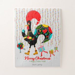 Puzzle Luces de navidad, baubles, regalos y Rooster
