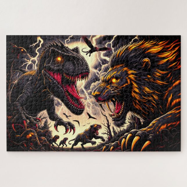 Puzzle Lucha contra los dinosaurios y los leones (Horizontal)