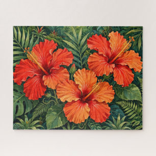 Puzzle Lujosas flores tropicales de hibisco naranja selva