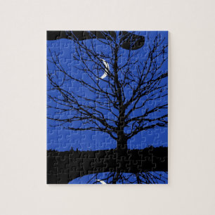 Puzzle Luna con árbol, azul cobalto, negro y blanco