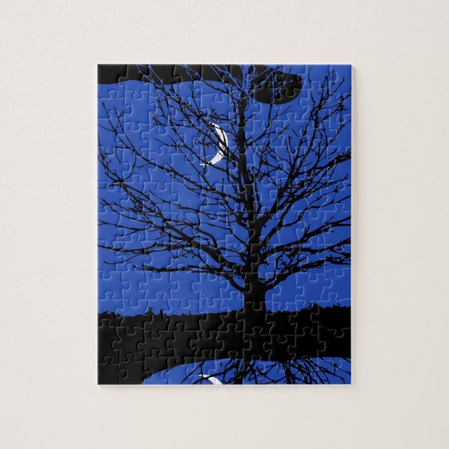 Puzzle Luna con árbol, azul cobalto, negro y blanco (Vertical)