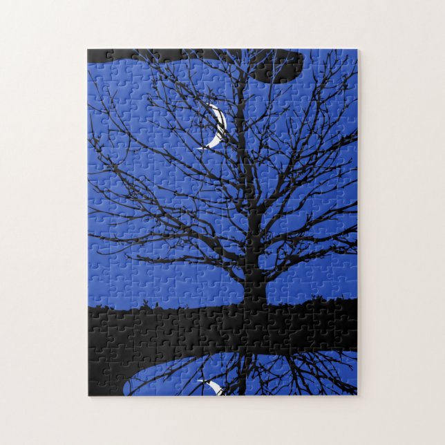 Puzzle Luna con árbol, azul cobalto, negro y blanco (Vertical)