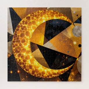 Puzzle Luna Crescent dorada con estrellas geométricas cós