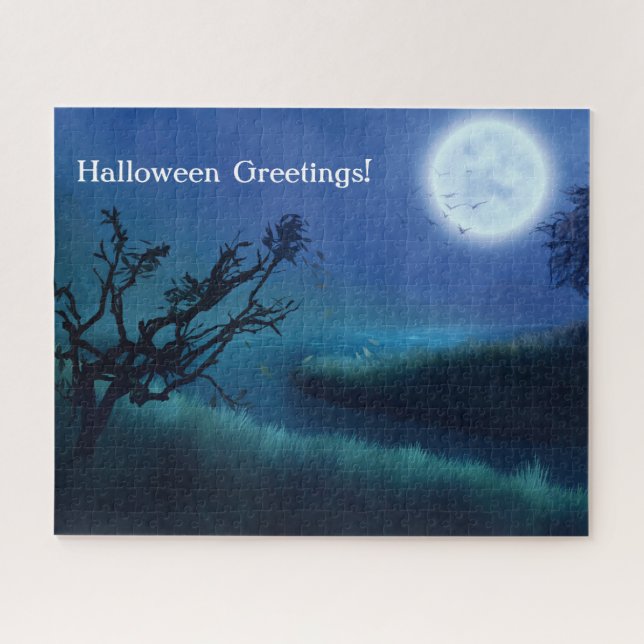 Puzzle Luna de Halloween de noche en tonos azules y verde (Horizontal)