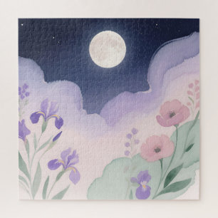 Puzzle Luna Llena Acuarela Iris Floral Noche