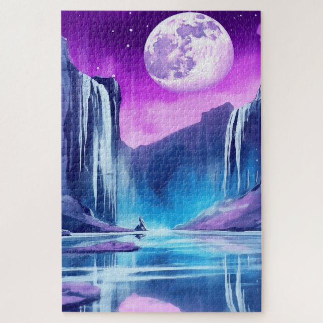 Puzzle Luna llena cósmica sobre cascadas (Vertical)