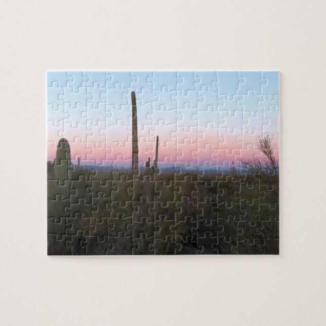Puzzle Luna rosa sobre Saguaro al amanecer (Horizontal)