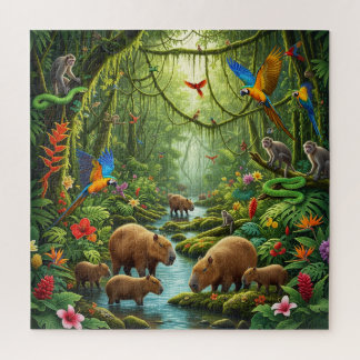 Puzzle Lush rainforest scene teeming with capybaras