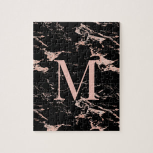 Puzzle Luxury Black Marble Rose Gold Foil Monogram