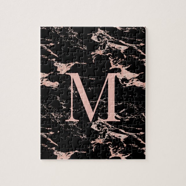 Puzzle Luxury Black Marble Rose Gold Foil Monogram (Vertical)