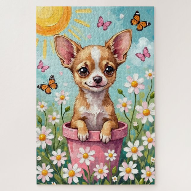Puzzle Maceta de flores de primavera de Chihuahua Perro l (Vertical)