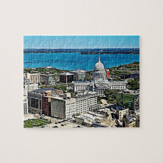 Puzzle Madison, el lago y los edificios del centro de Wis (Horizontal)