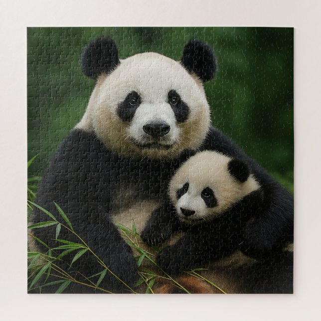 Puzzle Madre de panda y cría en lluvia suave (Vertical)
