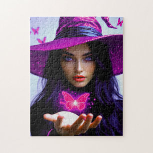 Puzzle Magenta Halloween Bruja mágica con mariposas