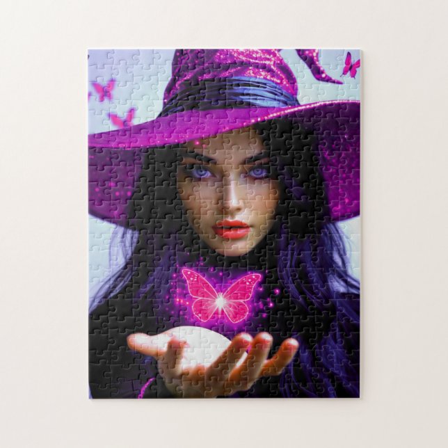 Puzzle Magenta Halloween Bruja mágica con mariposas (Vertical)