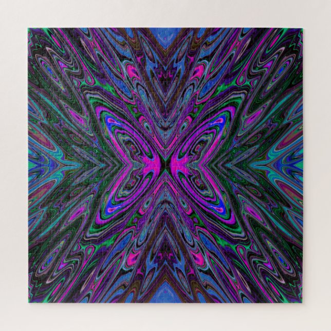 Puzzle Magenta trippy, mariposa abstracta azul y verde (Vertical)