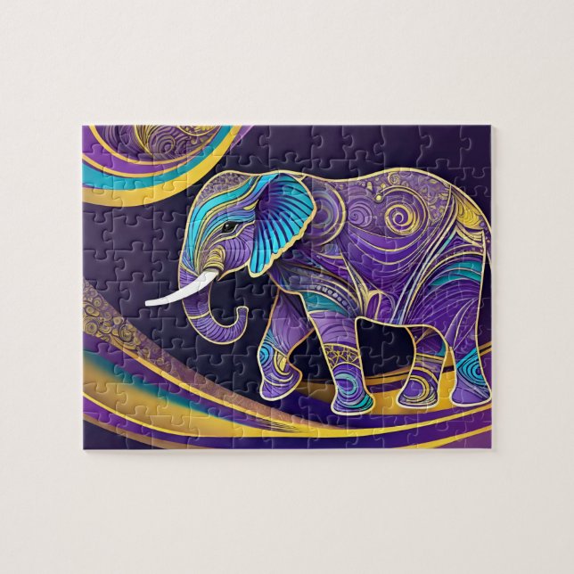 Puzzle Magia de medianoche: Elefante morado y dorado (Horizontal)