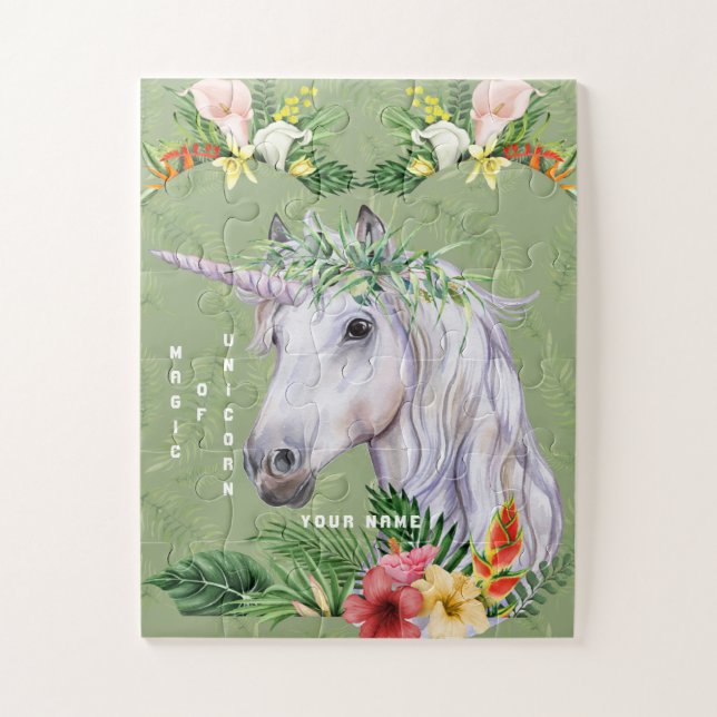 Puzzle Magical Unicorn Exotic Tropical Flowers Monogram (Vertical)