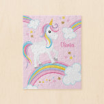 Puzzle Magnífico arcoiris Unicornio Niños personalizados<br><div class="desc">Un lindo rompecabezas rosa de unicornio para niños con estrellas y un arco iris. ¡Personaliza con su nombre para hacer un regalo divertido para un chica!</div>