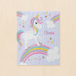 Puzzle Magnífico arcoiris Unicornio Púrpura Personalizado<br><div class="desc">Un lindo rompecabezas morado de unicornio para niños con estrellas y un arco iris. ¡Personaliza con su nombre para hacer un regalo divertido para un chica!</div>