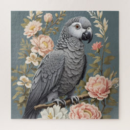 Puzzle Magnífico Loro Gris Africano Con Elegantes Florale