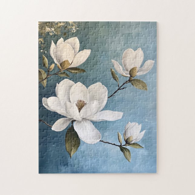 Puzzle Magnolias blancas sobre la cinta de tejido azul (Vertical)